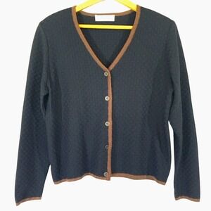 Outlander Basketweave‎ Knit V-Neck Contrast Trim Cardigan Sweater Black Brown